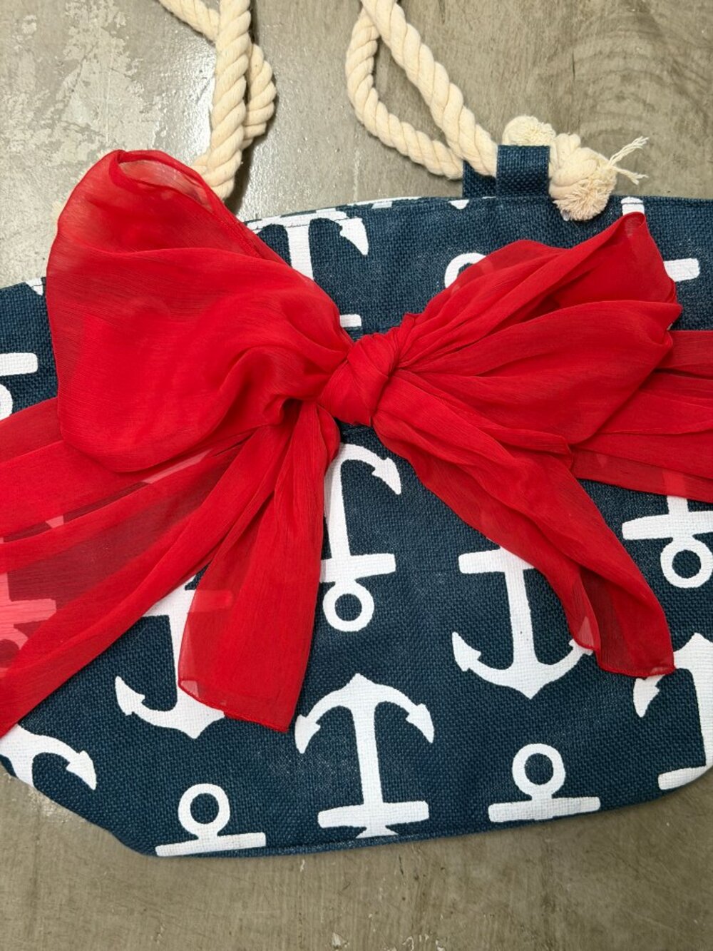 Mud Pie Nautical Anchor Jute Beach Tote Bag Navy Red Rope Handles Bow Summer